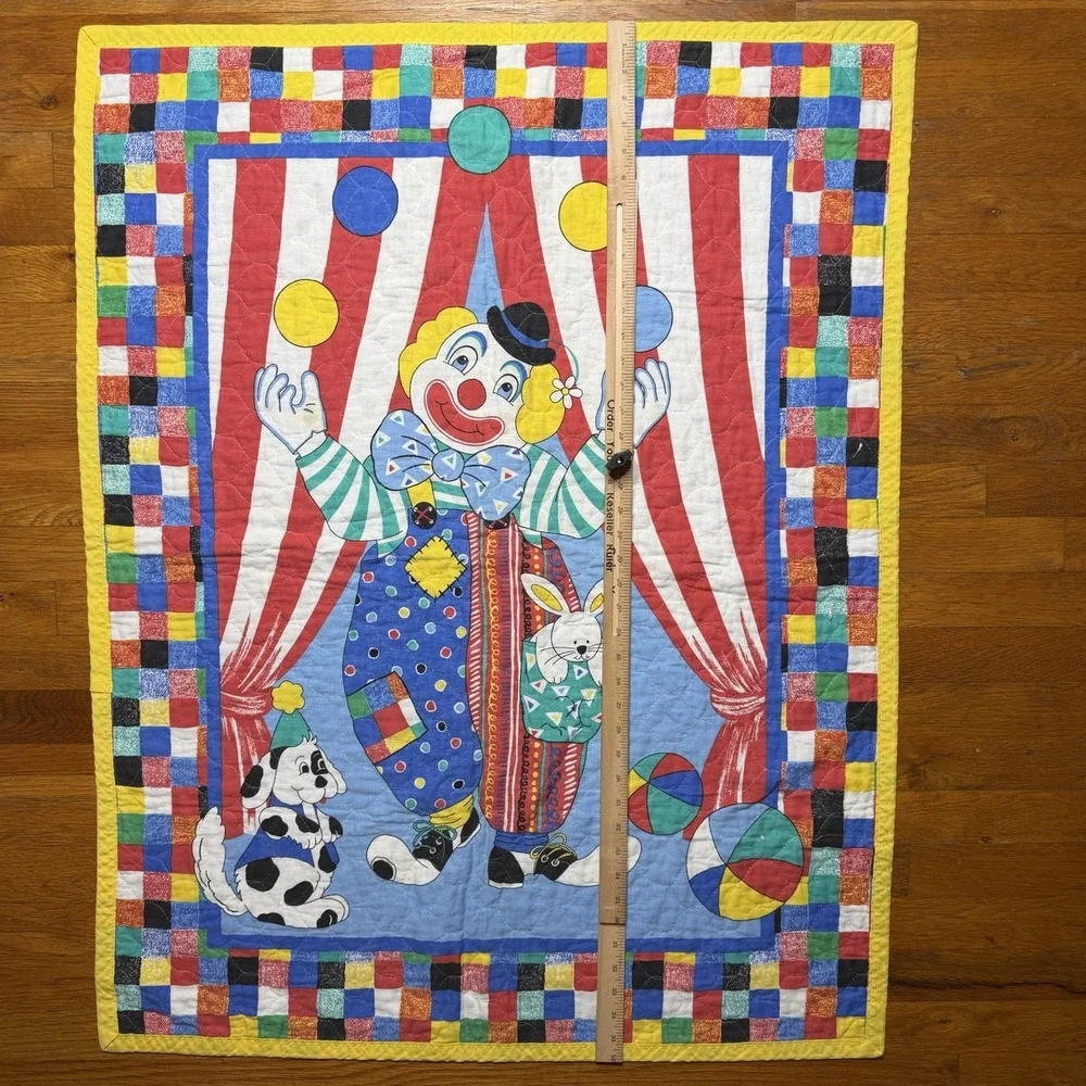Vtg Circus Clown Baby Blanket Crib Quilt Dogs Dalmatian Handmade Patch 32x40